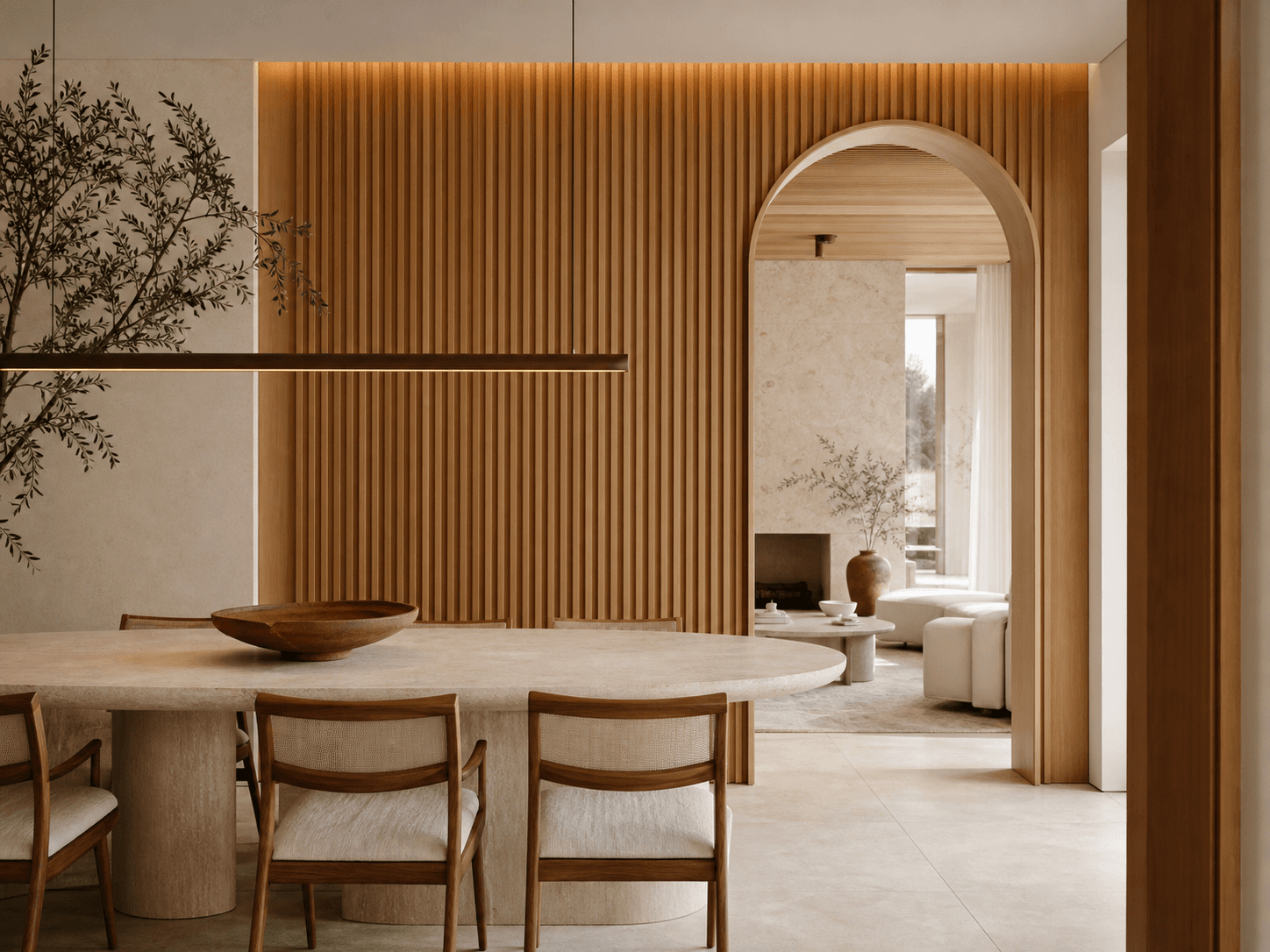 Sala de jantar contemporânea com linhas arquitetônicas, ripado de madeira e passagem em arco