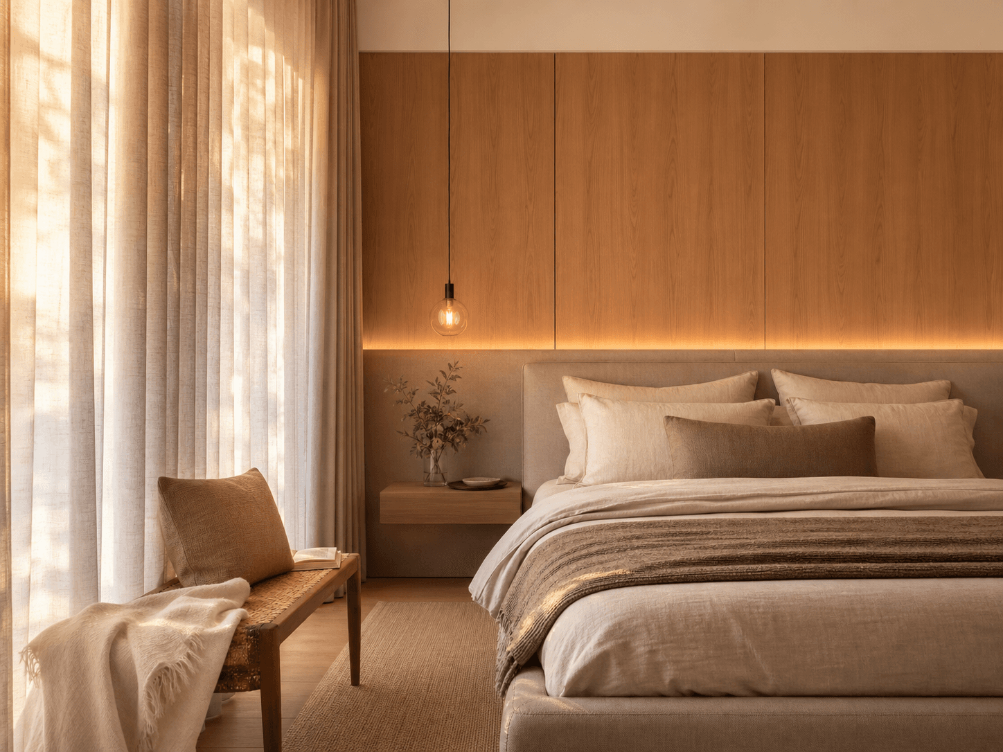 Dormitório sereno com roupa de cama em linho, madeira e luz dourada filtrada