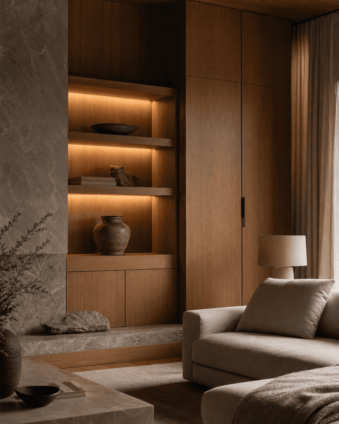 Interior sofisticado com marcenaria sob medida e nichos iluminados por luz quente