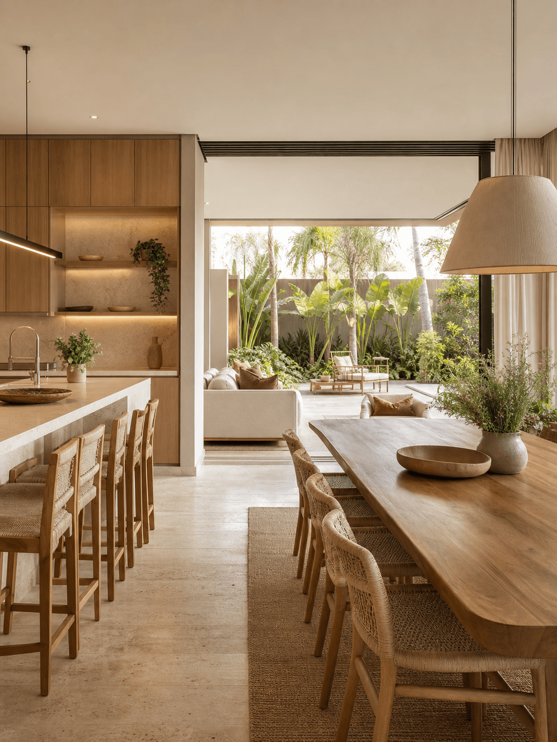 Área gourmet integrada com cozinha, mesa de jantar e abertura para o jardim