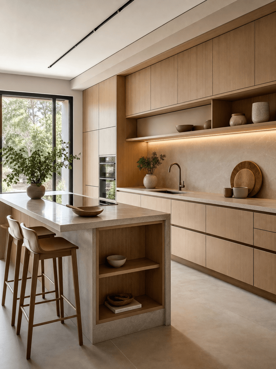 Cozinha contemporânea com marcenaria planejada em madeira e ilha central